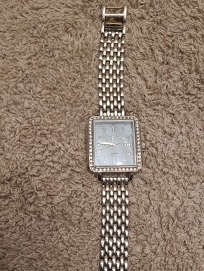 Kenneth Jay Lane Silver-Tone Crystal Square Bracelet Watch with Light Blue Dial
